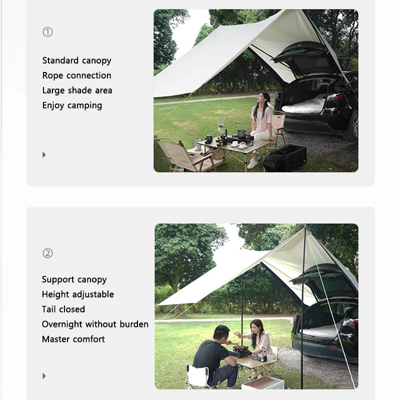 TeslaCamp™ – Dé Ultieme Draagbare Zon- en Regenluifel voor Je Tesla Model Y!