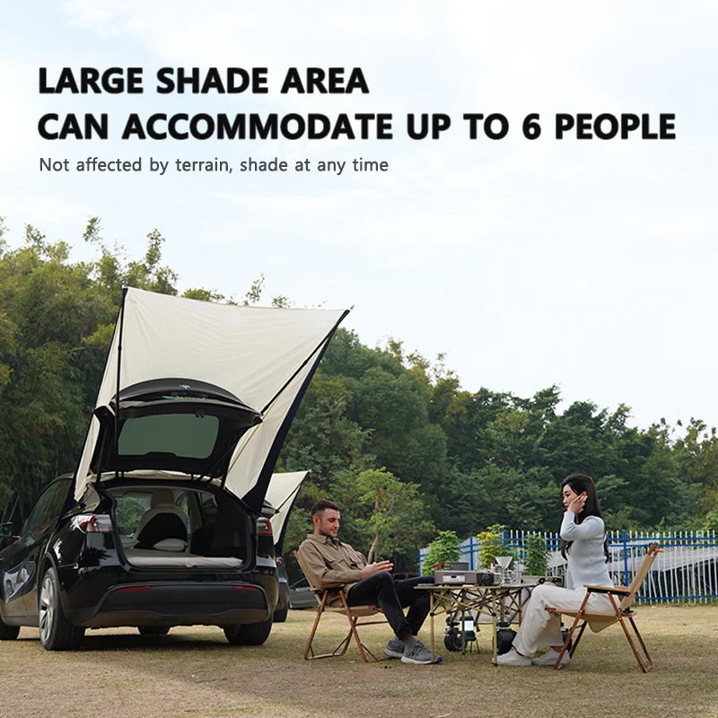 TeslaCamp™ – Dé Ultieme Draagbare Zon- en Regenluifel voor Je Tesla Model Y!