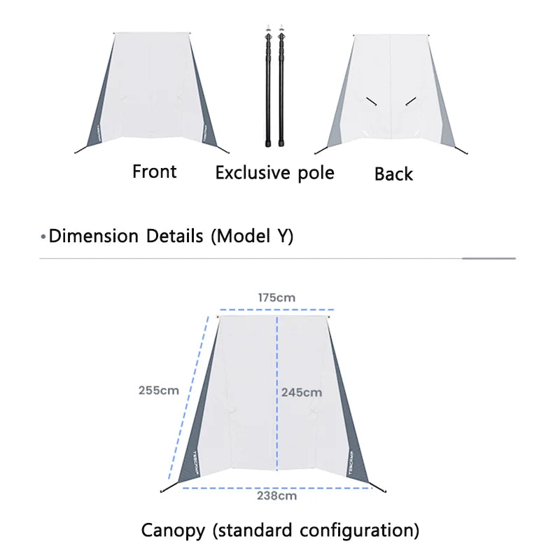 TeslaCamp™ – Dé Ultieme Draagbare Zon- en Regenluifel voor Je Tesla Model Y!