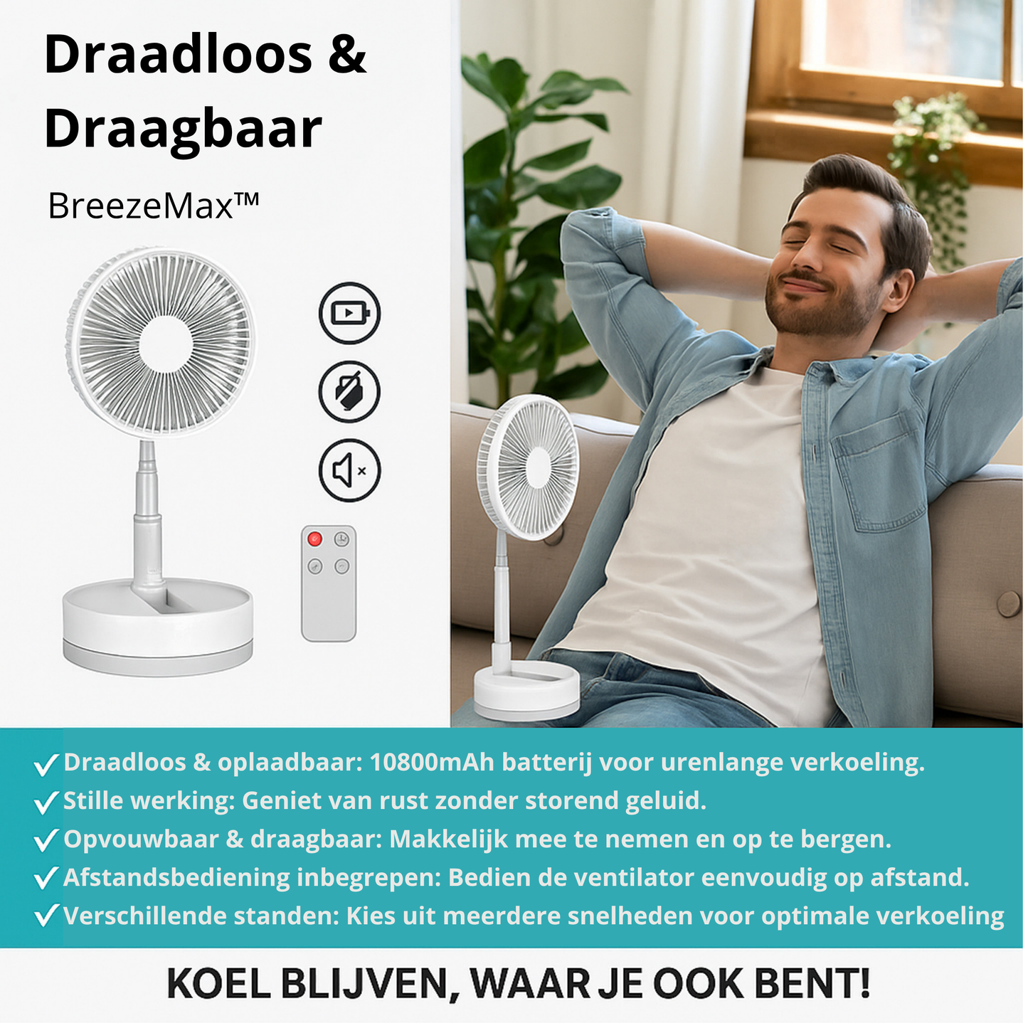 BreezeMax™ P10 – De Ultieme Draadloze Opvouwbare Ventilator voor Elk Avontuur!